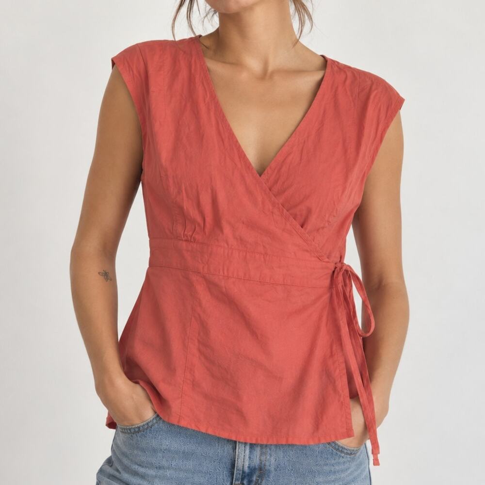 Vintage Y2K Gap Wrap Top Women’s M Coral Pink Cotton Tie Waist Summer 2005